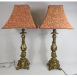 Large Pair of Ornate brass table lamps with shades, 22.5" tall from base to top of light fitting.