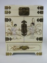 Large oriental Jewellery cabinet with mother of pearl Geshia girl decoration on brass fittings, 15.