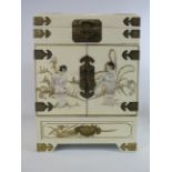 Large oriental Jewellery cabinet with mother of pearl Geshia girl decoration on brass fittings, 15.