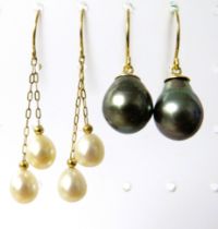 Pair of 18ct Yellow Gold Pearl Set earrings plus a pair of 14ct Black Pearl Duo Earrings. See photos