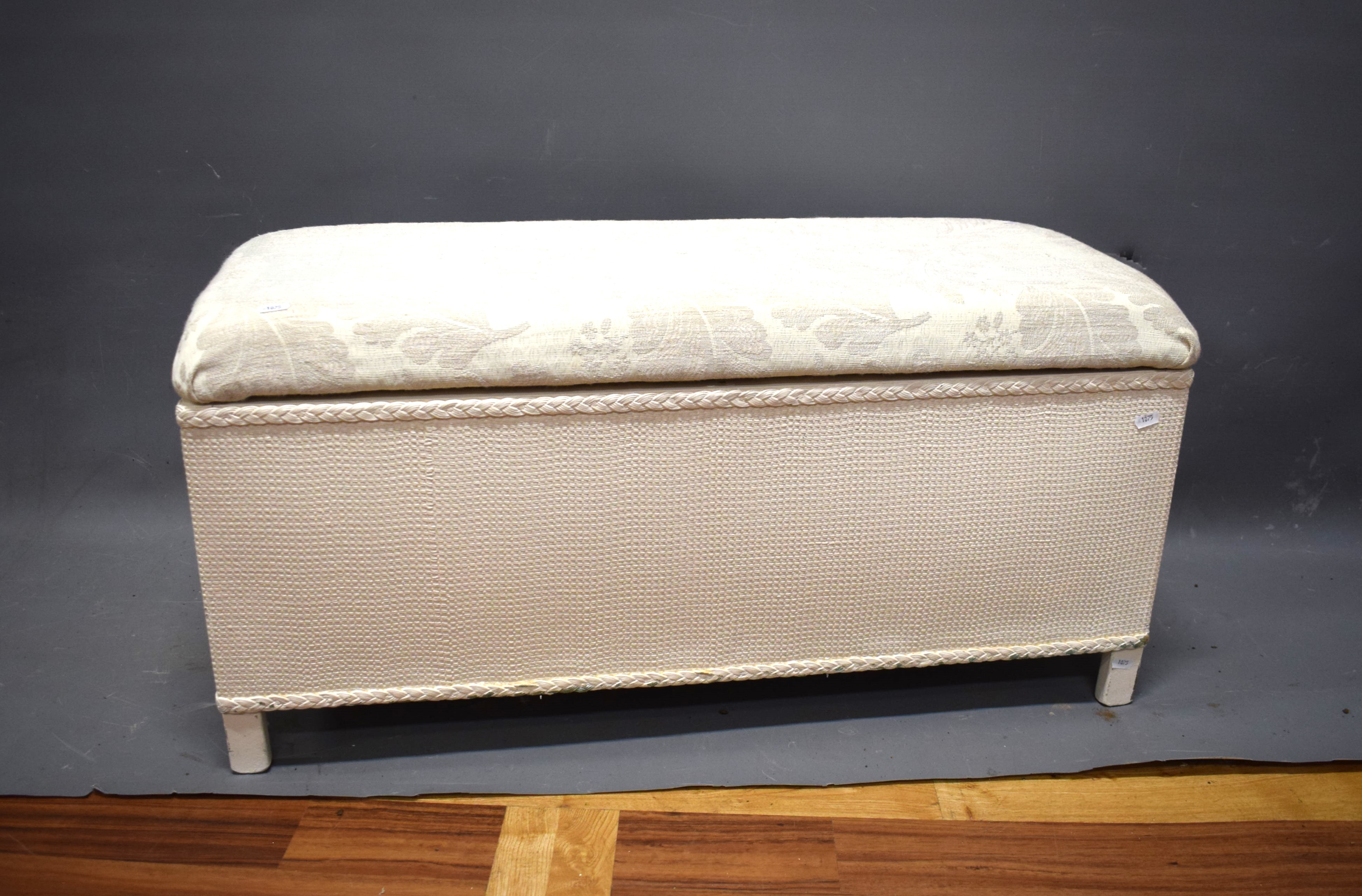 Lloyd loom style blanket box with linen top.   Measures H:18 x W:35 x D:15 Inches. See photos.   S2 - Image 2 of 2