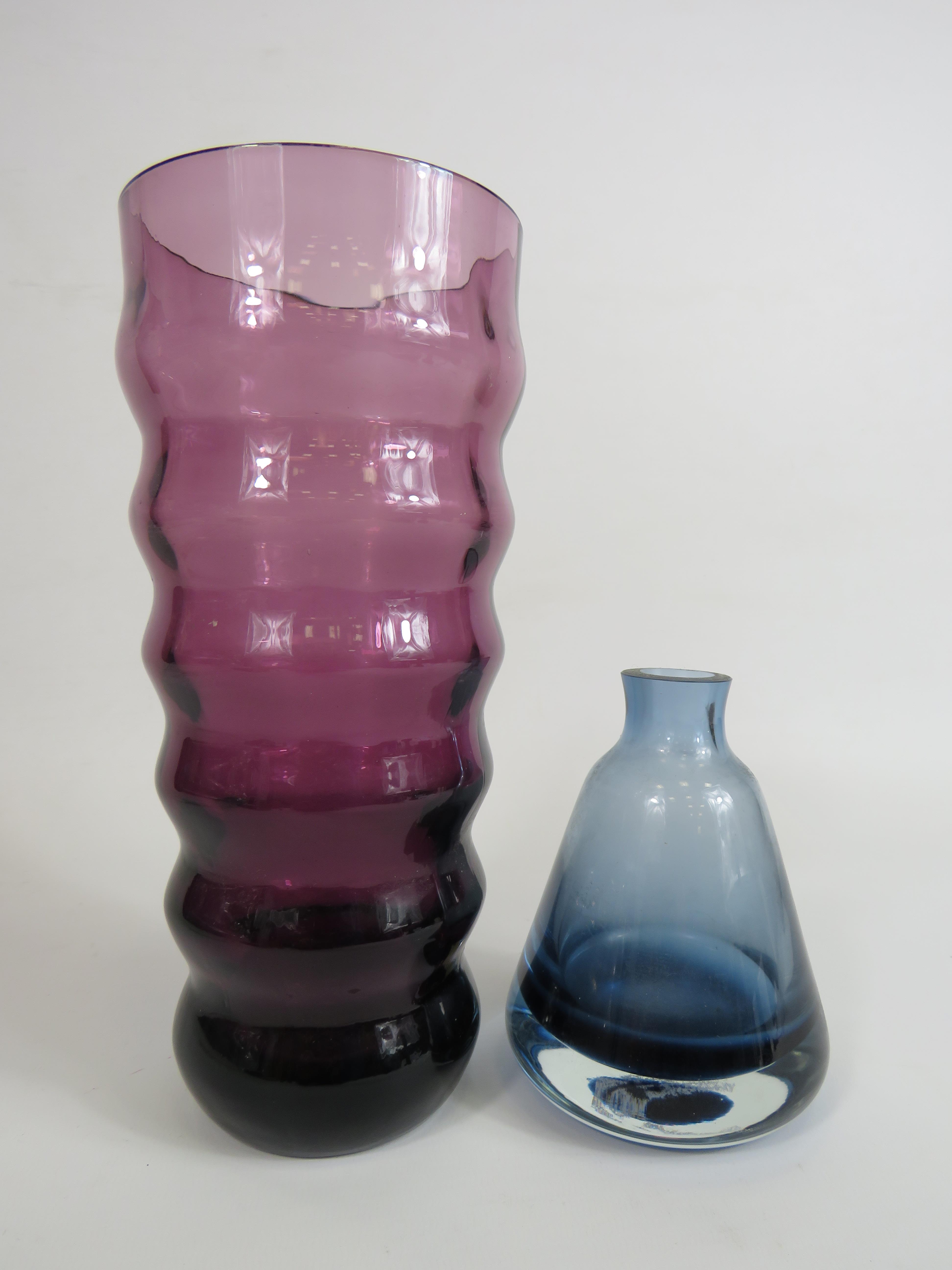 Mid Century Amethyst ribbed glass vase plus a Caithness Conical Braemore vase.