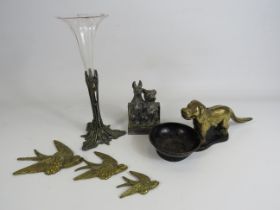 Mixed lot to include a dog nut cracker, epergne vase, brass wall plaque flying Swallows etc.