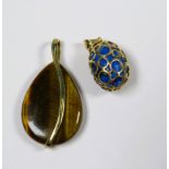 Two Very pretty 9ct Gold Pendants,  One a quartz Tiger's eye set teardrop shaped which measures 35mm