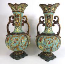 Pair of large Antique Wilhelm Schiller & Son Austrian art nouveau twin handle majolica vases, 33cm