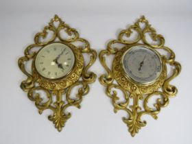 Ornate gilt metal wall mounted clock and matching barometer. 16.5" by 11"