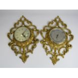 Ornate gilt metal wall mounted clock and matching barometer. 16.5" by 11"