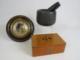 Vintage Barometer, Stone pestle and motar and a vintage woden box.