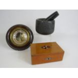 Vintage Barometer, Stone pestle and motar and a vintage woden box.