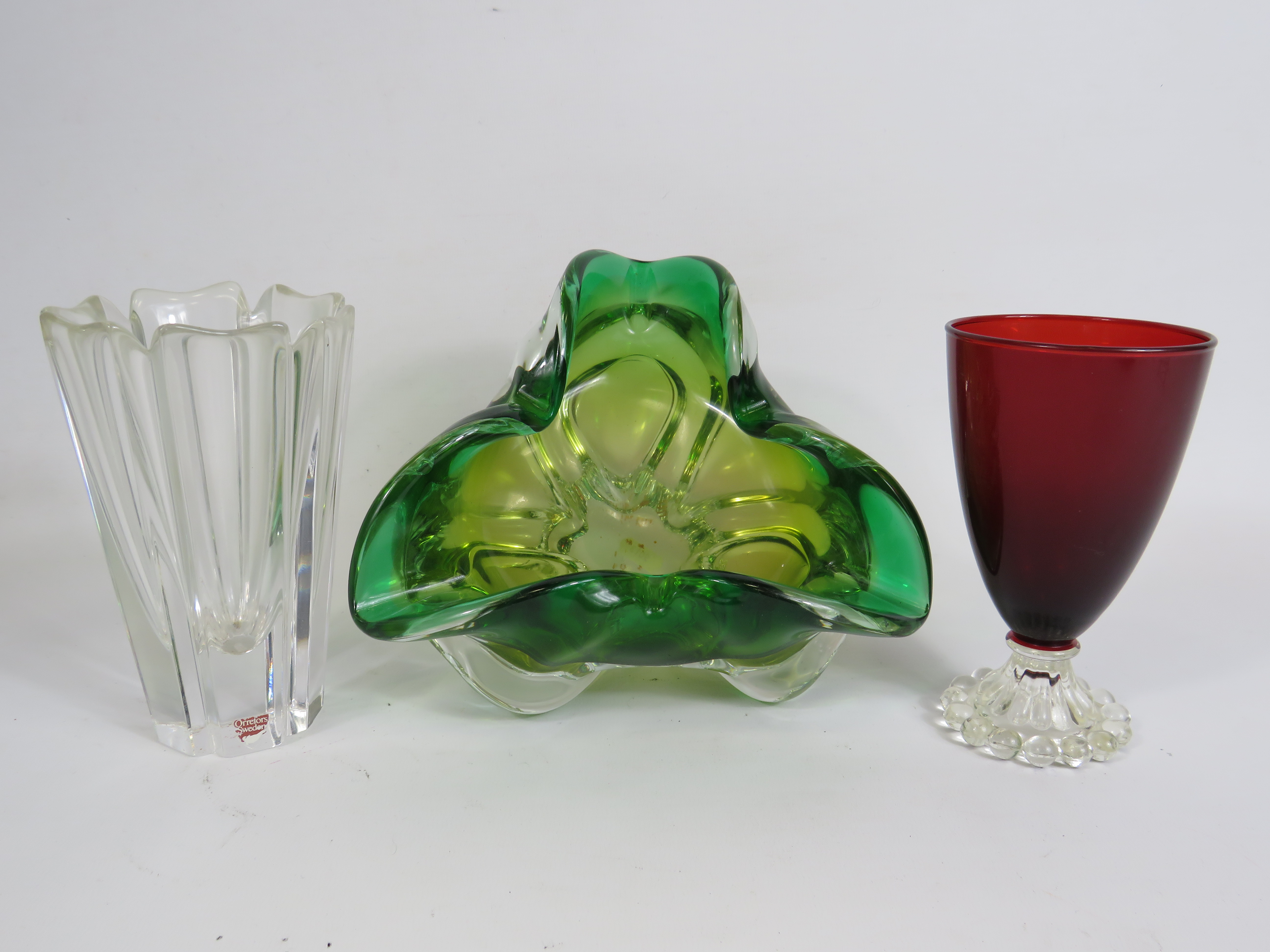 Orrefors glass vase, Chribska bowl and a Vintage ruby drinking glass.