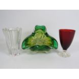 Orrefors glass vase, Chribska bowl and a Vintage ruby drinking glass.