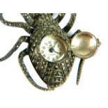 White Metal Marcasite Buchere 17 jewel Swiss watch set in the body of a Spider brooch. Running orde