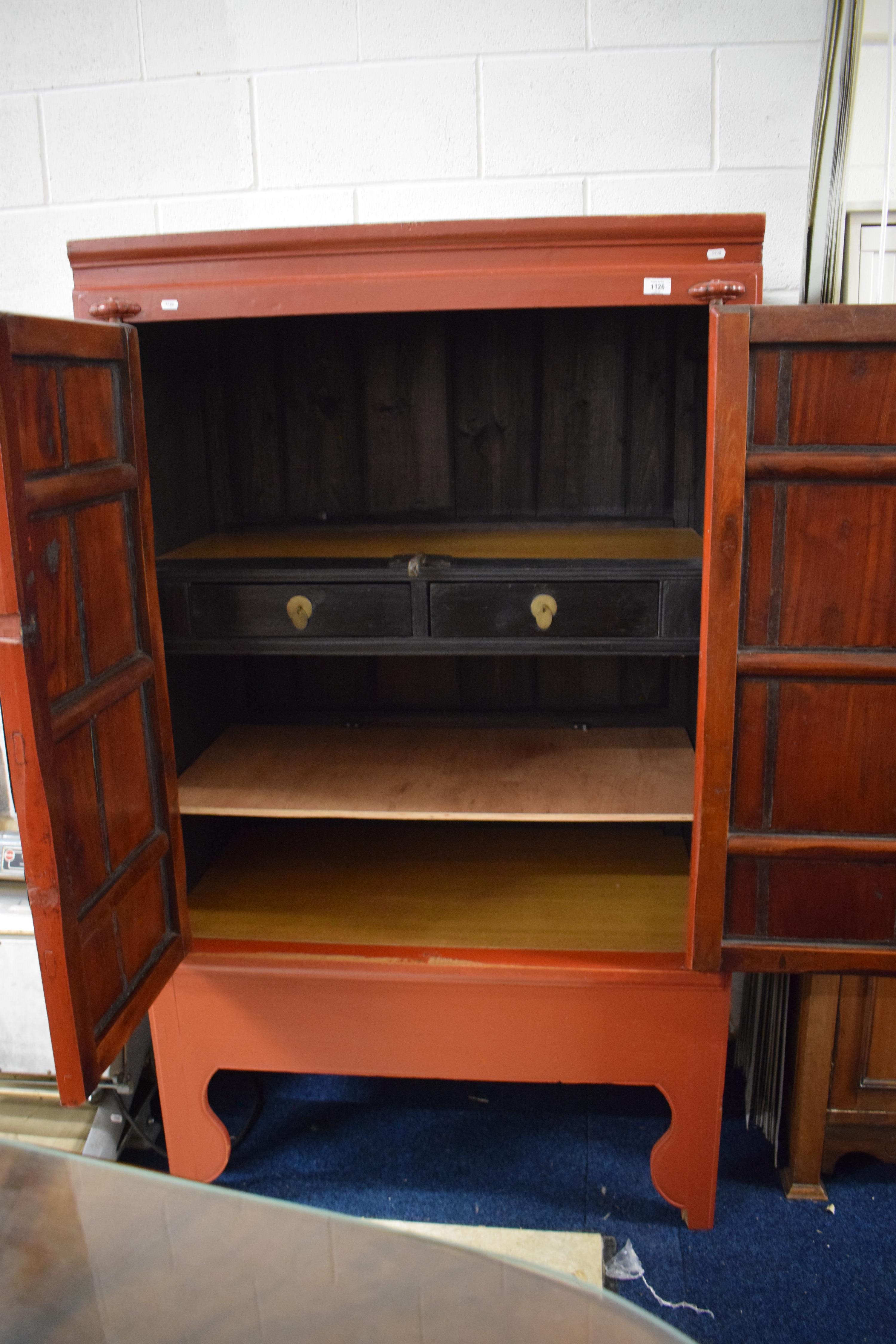 PA1126 Substantial Chinese made Wedding cabinet with brass Moon face panel to front twin doors,  Twi - Image 2 of 2