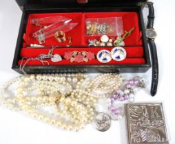 Jewellery box containing Pearl Necklaces, Pearl Stud Earrings, Miniature 9ct Gold Heat Shaped penda