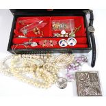 Jewellery box containing Pearl Necklaces, Pearl Stud Earrings,  Miniature 9ct Gold Heat Shaped penda