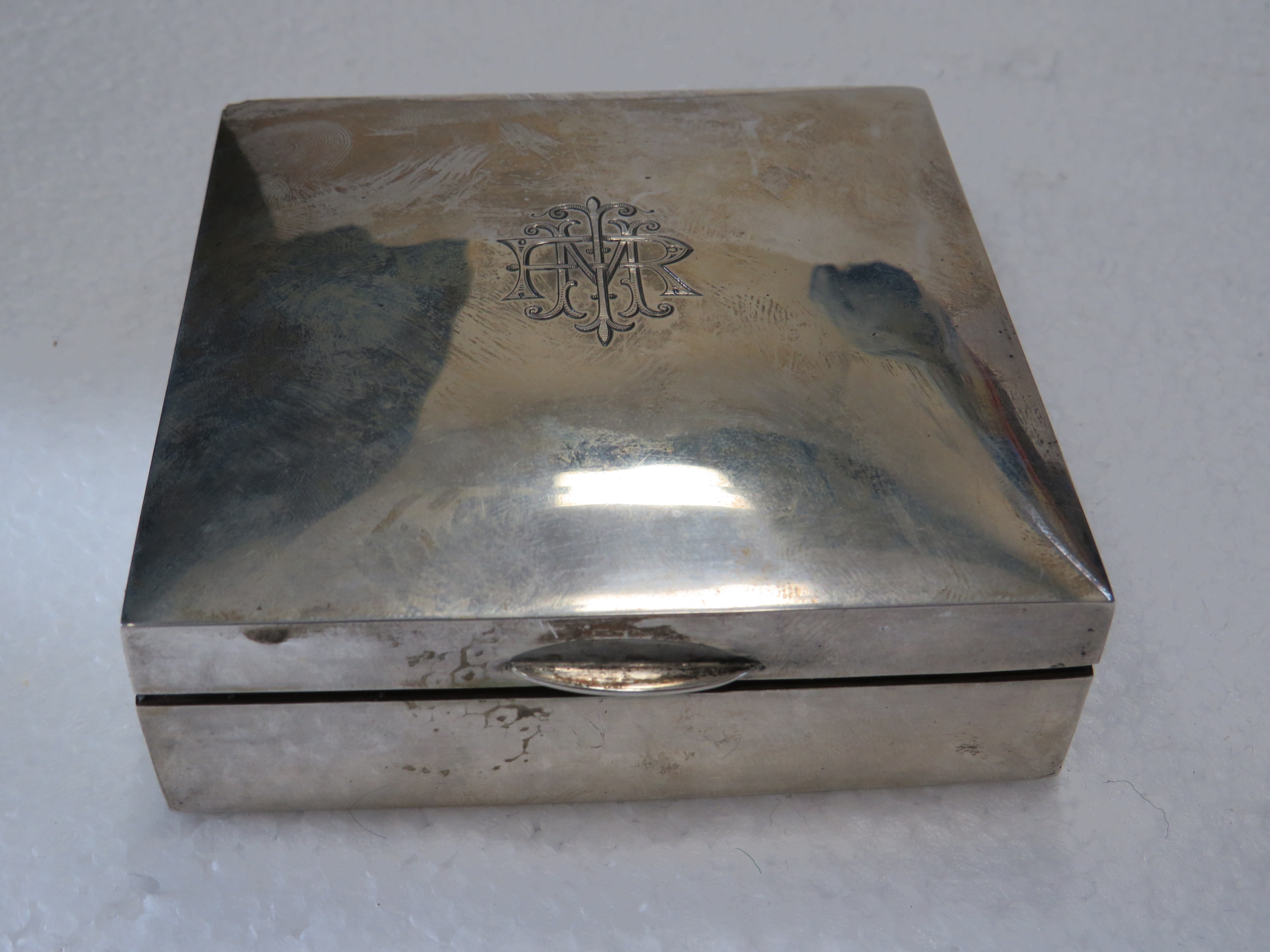 Hallmarked Silver Cigarette box with cedar wood interior. Engraved initials to hinged lid.  Measures - Image 2 of 4