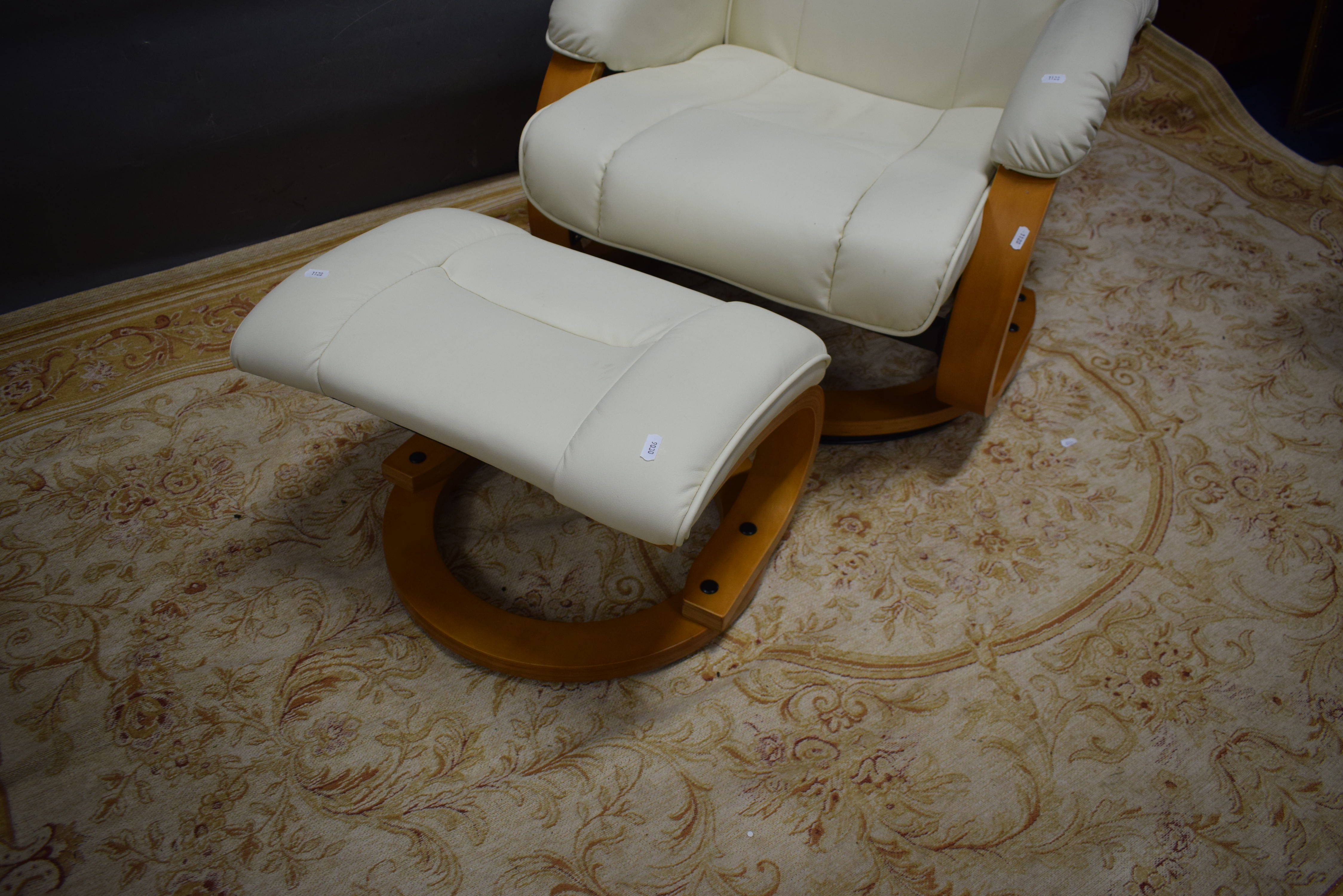 Faux Leather and bentwood manual reclining easy chair with footstool.  See photo.  S2 - Image 2 of 3