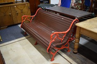 Lovely Old, Possibly Victorian three seat garden bench with cast metal end and centre panels.