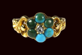 Interesting Victorian Ring set with Central Cushion cut old Diamond and discoloured Turquoise. Fancy