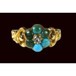 Interesting Victorian Ring set with Central Cushion cut old Diamond and discoloured Turquoise. Fancy