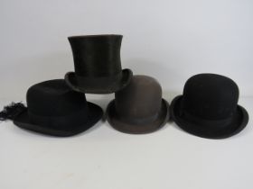 4 Mens vintage hats including Top hat and Bowler hats,