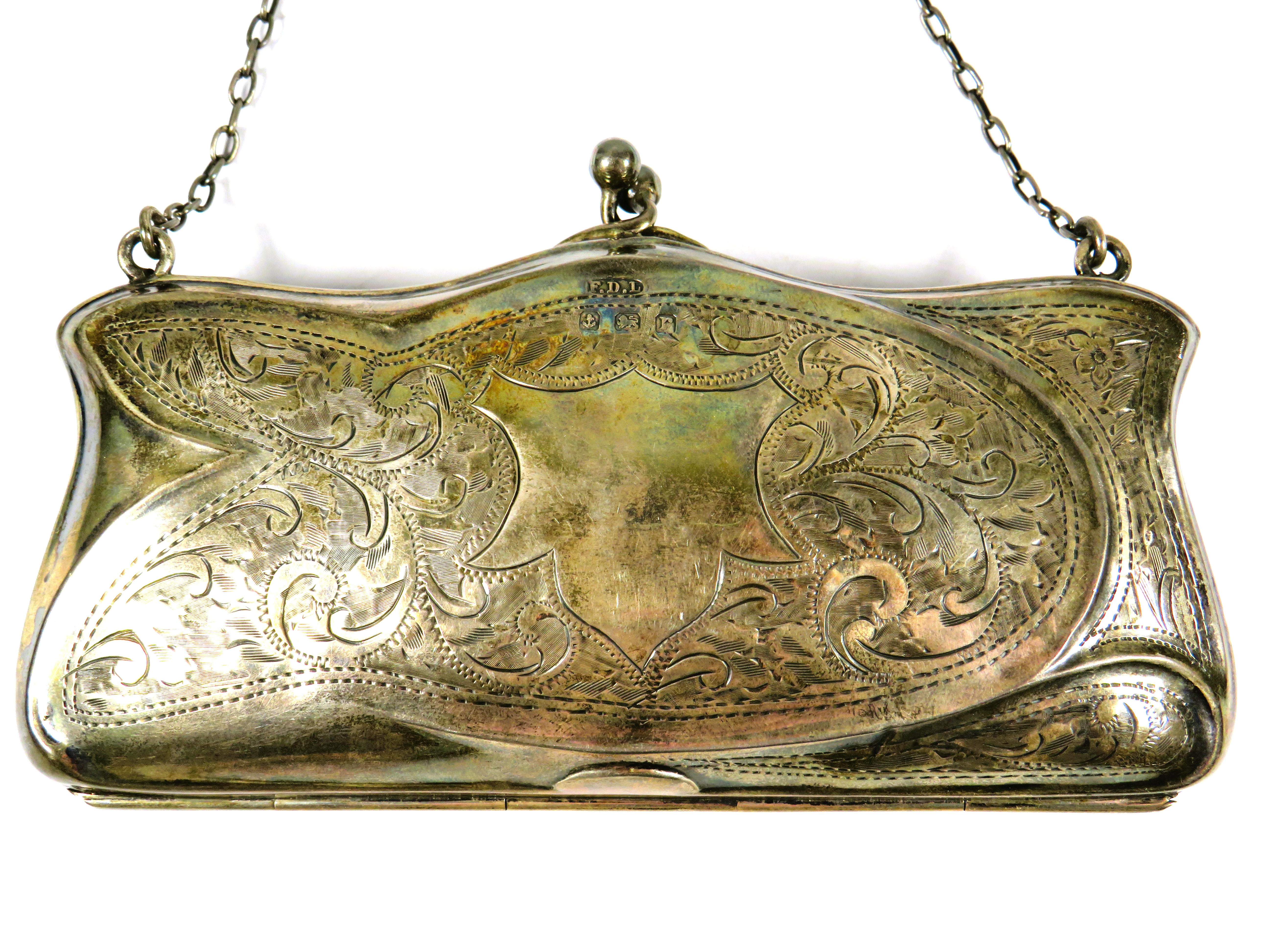 Antique Silver Purse with chain and finger ring. Superb leather interior.  Hallmarked for Birmingham - Image 2 of 5