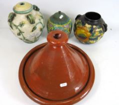 Glazed Terracotta Vintage pie dish with Vented lid, A Ryland vase , a Chinese style Majolica lidded