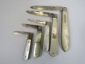 5 Sterling silver and mother of pearl penknives.