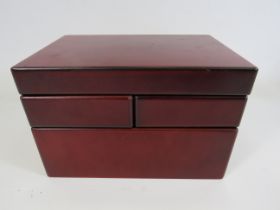Wooden jewellery box with swing out level, 14cm tall, 22.5cm long and 14.5cm deep.