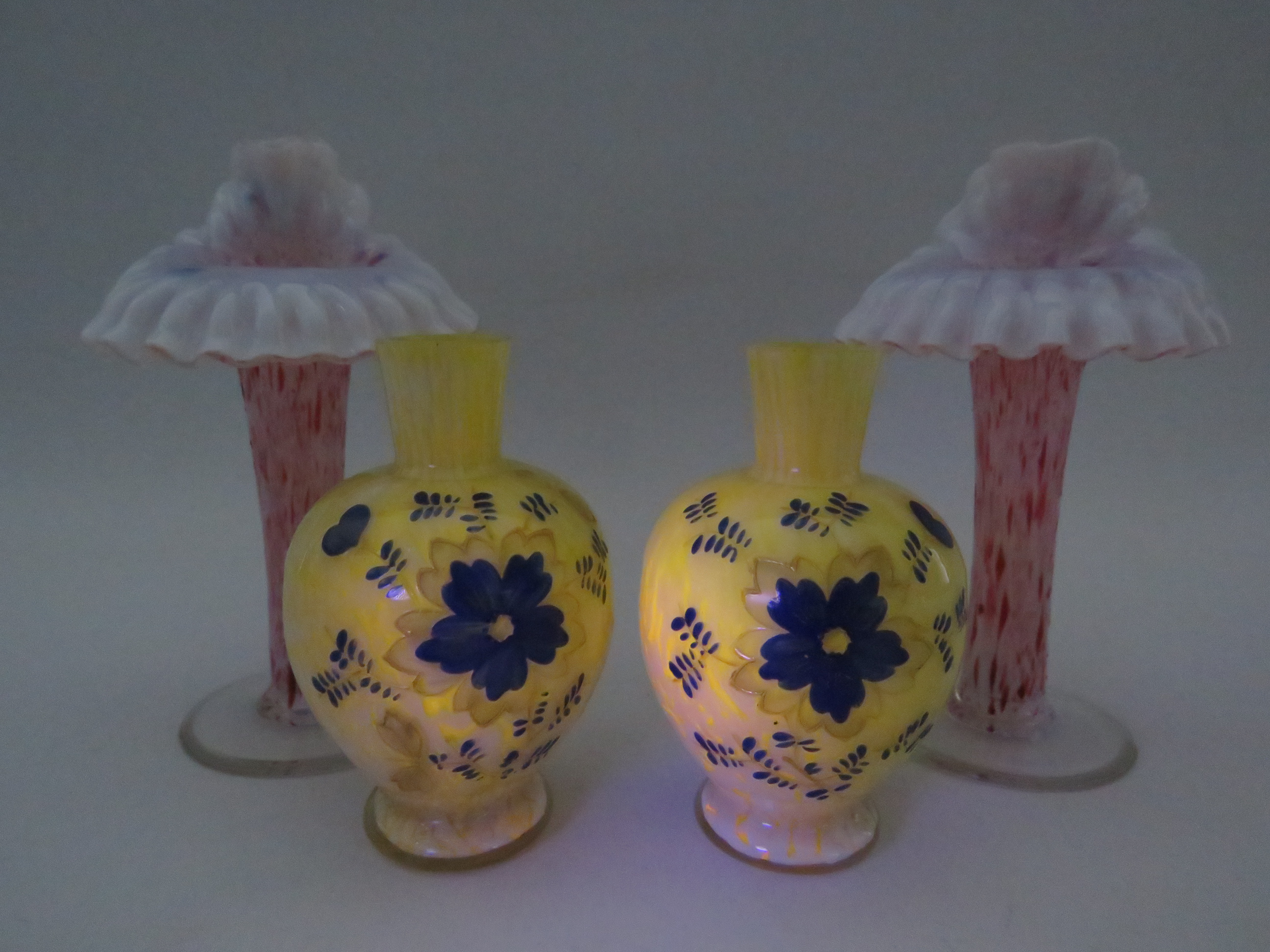 Two opaline vintage jack in the pulpit vases and 2 uranium splatter glass vases, some chips to the - Image 2 of 3