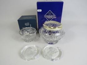 2 Danbury mint crystal glass paperweights plus Edinburgh and Bohemian crystal bowls both with