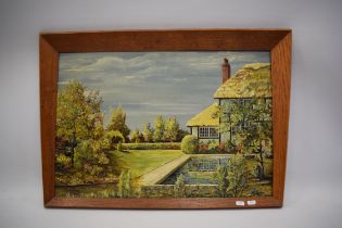 Oil on Board of a cottage garden scene. Unusual frame. See photos. S2