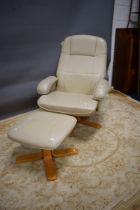 Easy Chair with footstool in faux leather on beech base with fire ticket. Fair condition. See phot