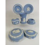 Selection of Wedgwood Jasperware lidded trinkets, trinket dishes, vase etc.