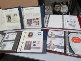 Six Nicely presented albums of Royal commemorative Mint stamps, first day covers, Coin first day cov