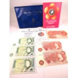 Interesting Numismatic lot to include Three near mint one pound notes, two with consecutive numbers,