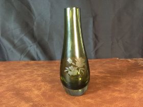 20th Century Caithness Green Glass Vase with Engraved Floral Design