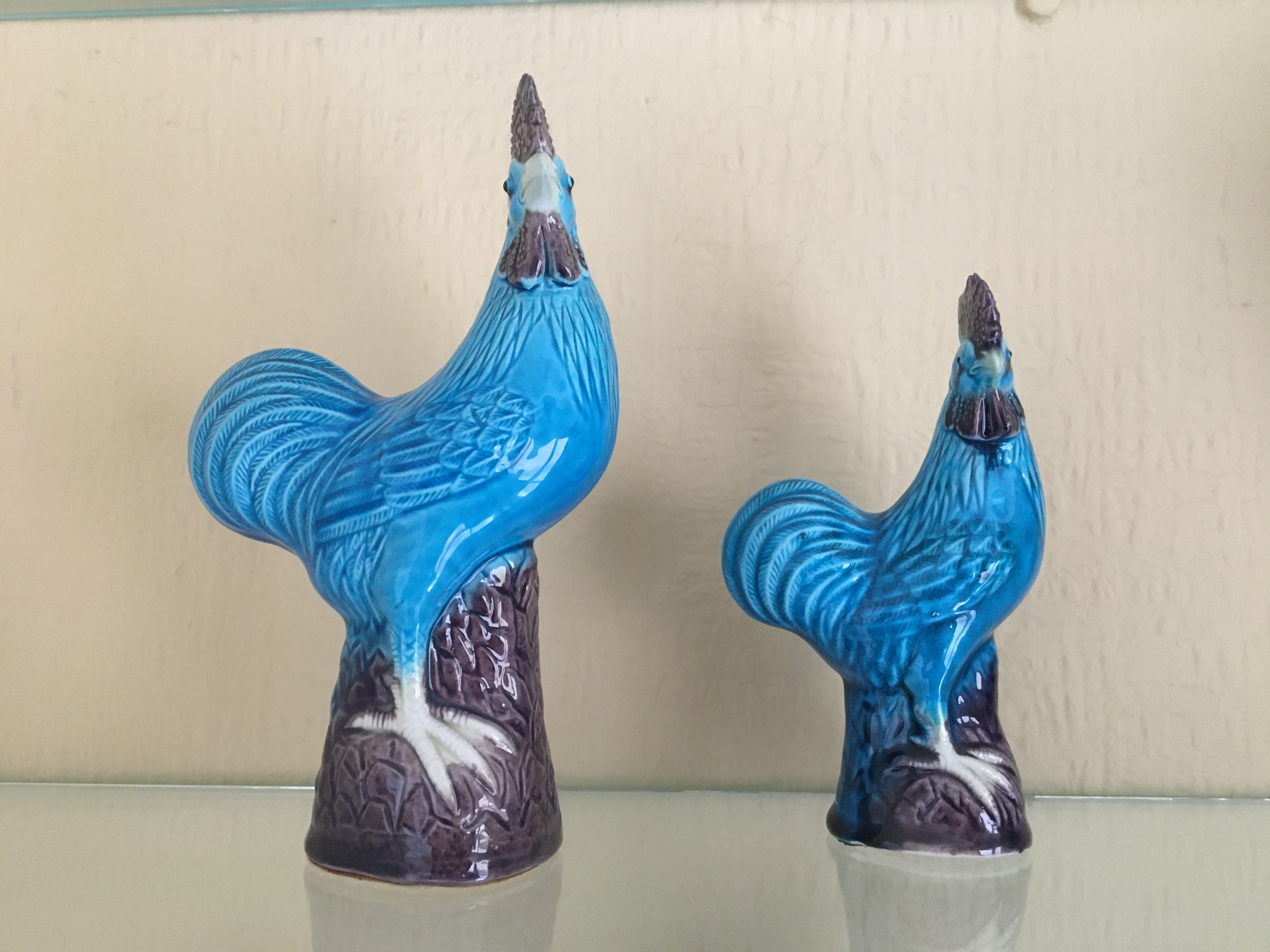 Pair of Chinese Turquoise and Aubergine Glazed Porcelain Roosters, c.1920 - Image 5 of 8