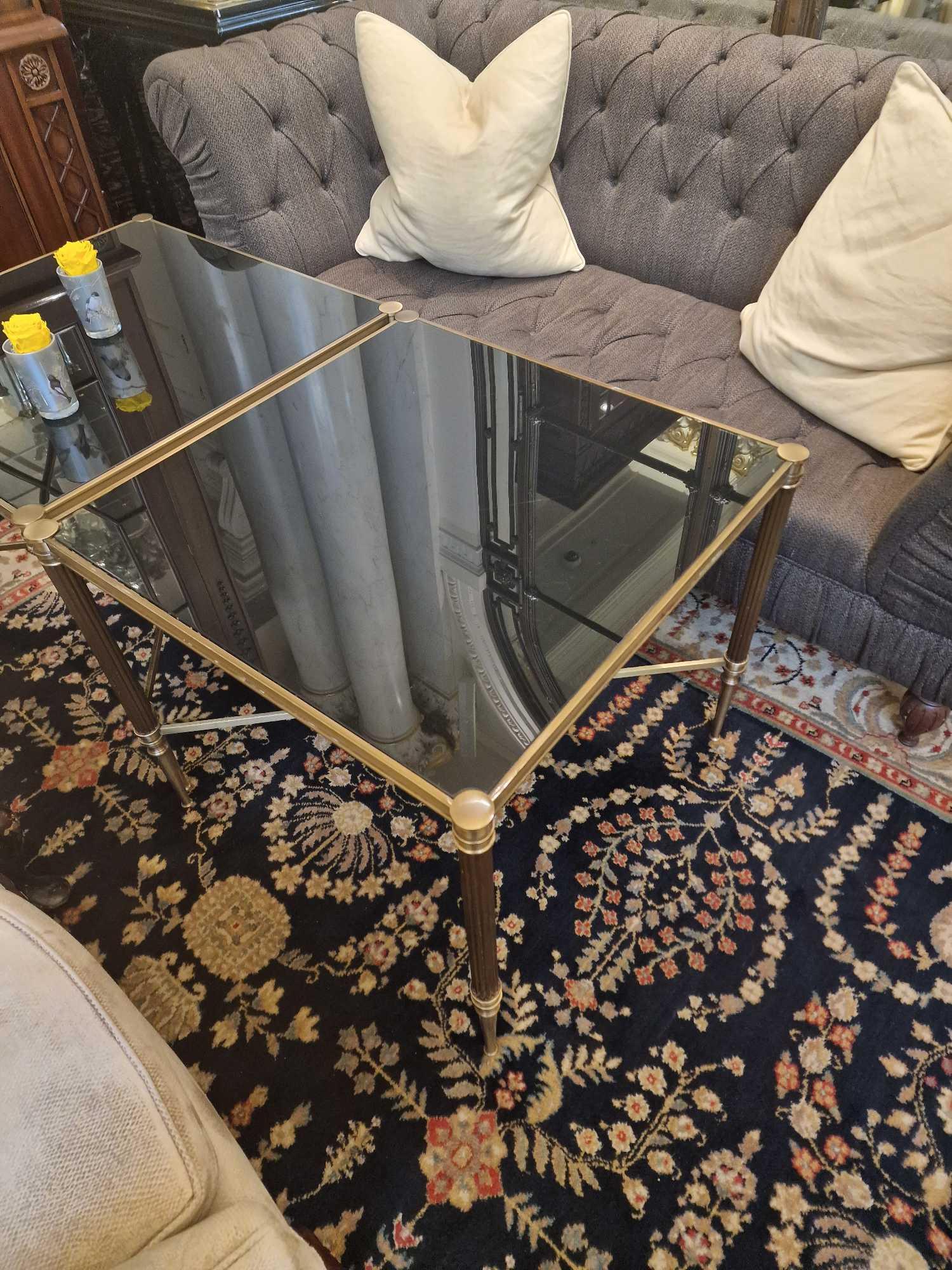 French Maison Jansen Style antiqued brass with smoked glass top table mounted on fluted legs with - Image 3 of 3