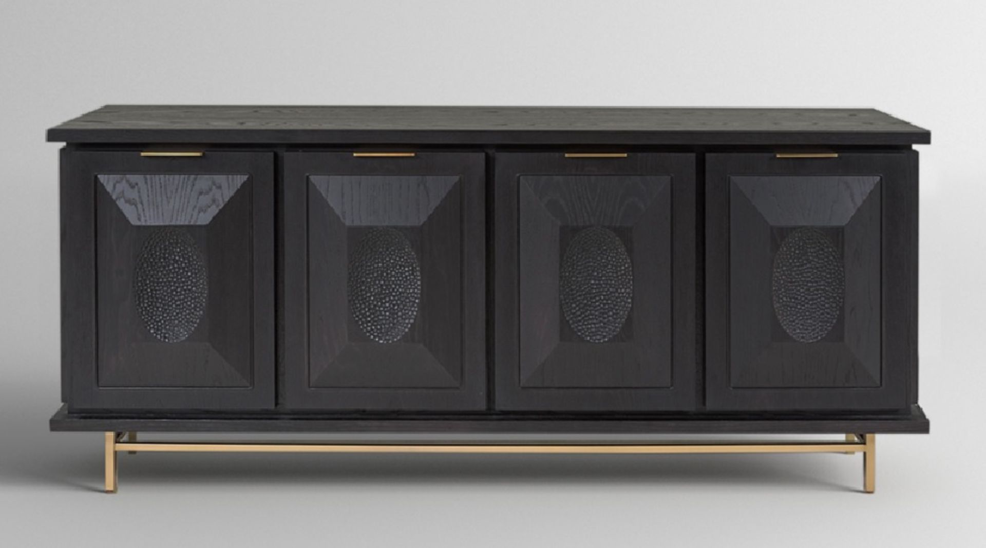 Draper Sideboard Black American Oak With bronzed metal accent handles and base stand, this statement