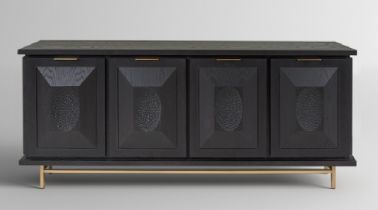 Draper Sideboard Black American Oak With bronzed metal accent handles and base stand, this statement