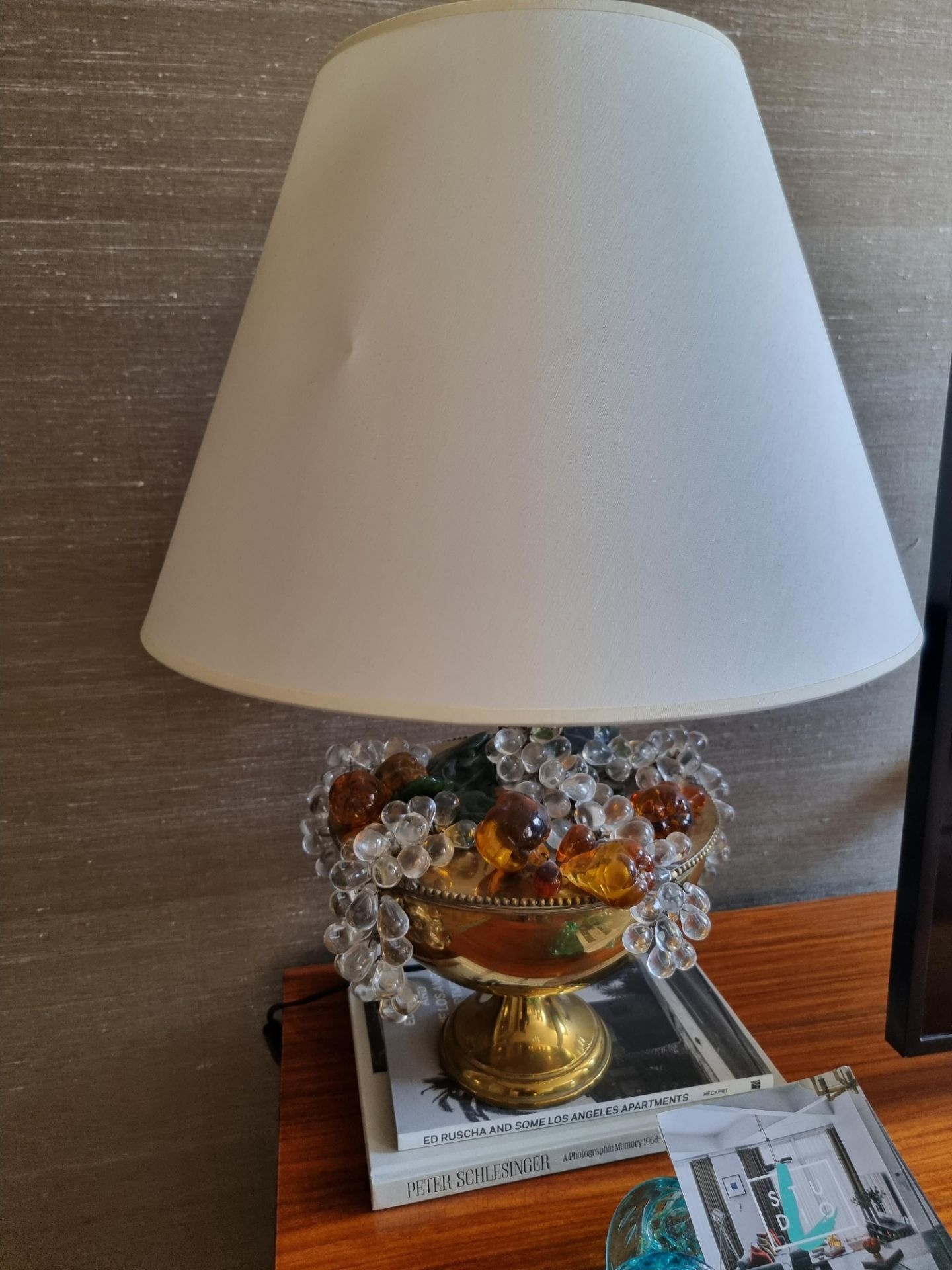 Mid-20th Century Brass And Czech Glass Beaded Fruit Basket Form Lamp. This Brass Table Lamp Is