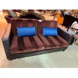 Tuxedo sofa upholstered in burgundy striped velvet this deep 2 seater sofa is wrapped in brown (