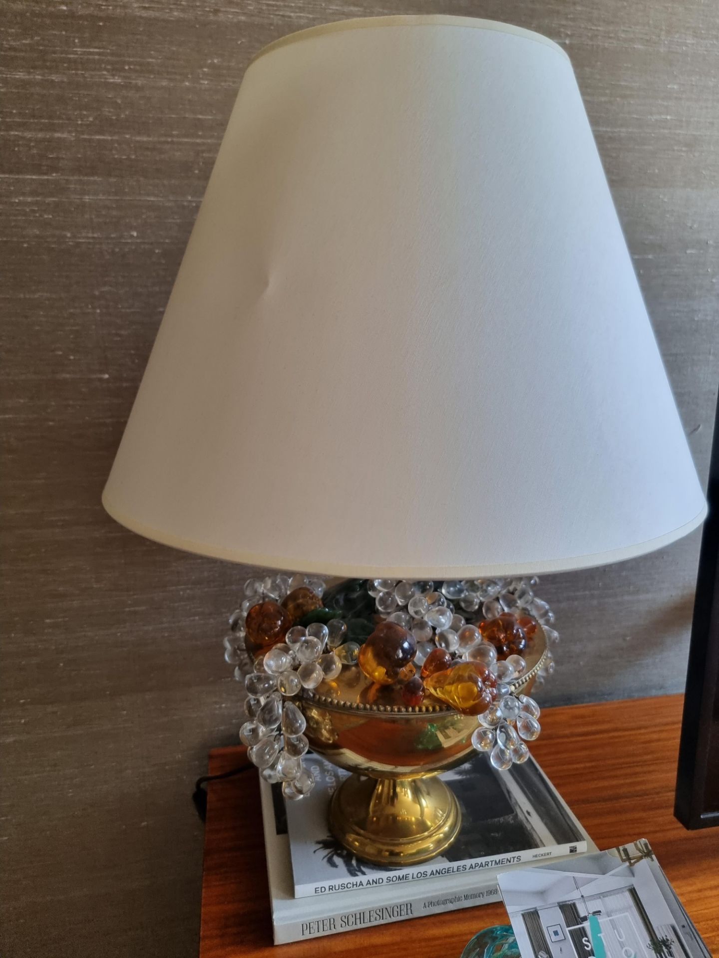Mid-20th Century Brass And Czech Glass Beaded Fruit Basket Form Lamp. This Brass Table Lamp Is - Image 2 of 3