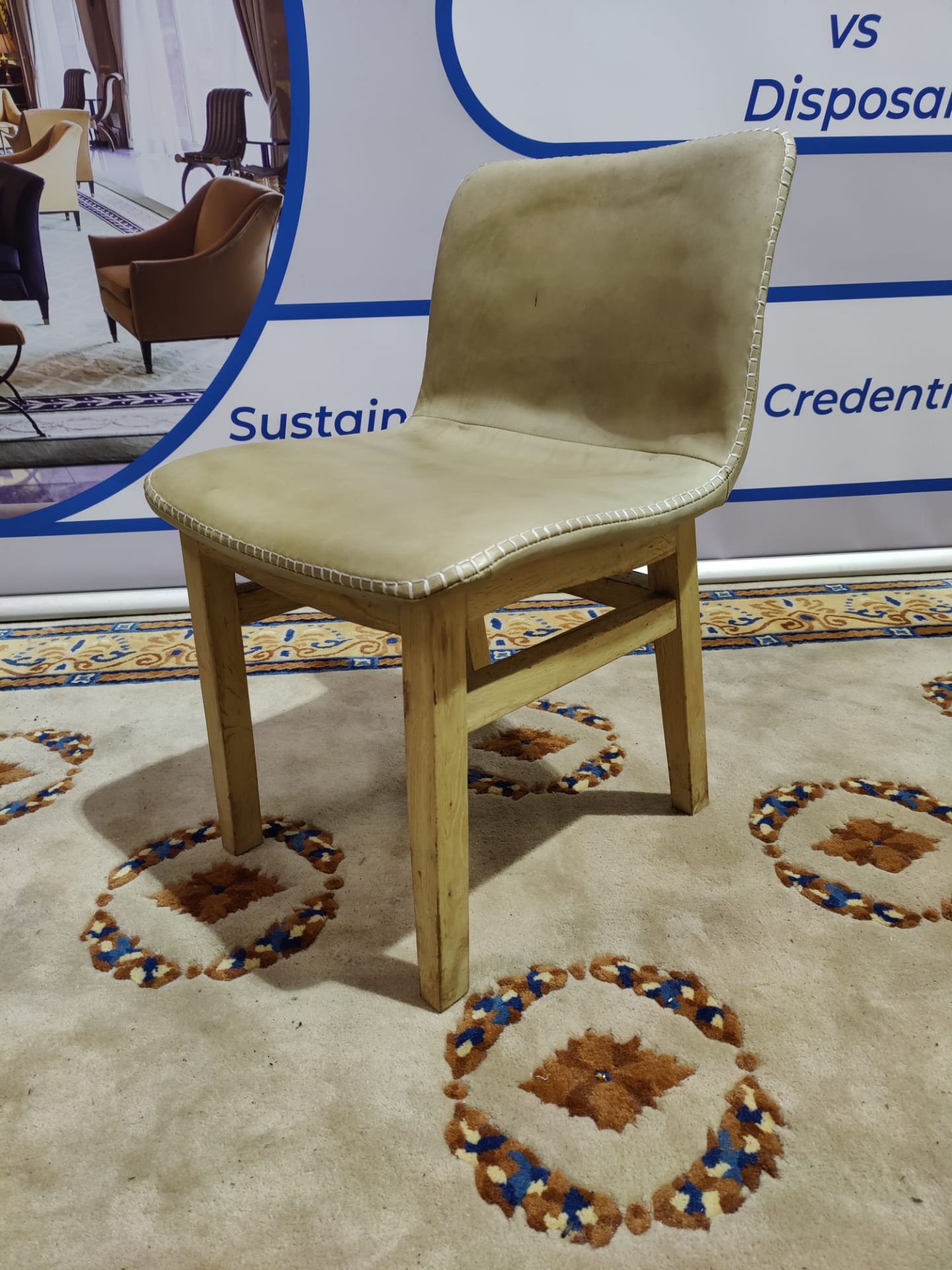 Cream Leather Chair With White Stitching Detail On A Wooden Frame (IT1028) - Image 2 of 3