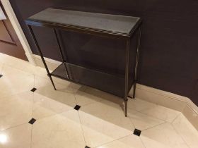 A Forged Metal Two Tier Console Table With Glass Shelves 88 x 24 x 74cm