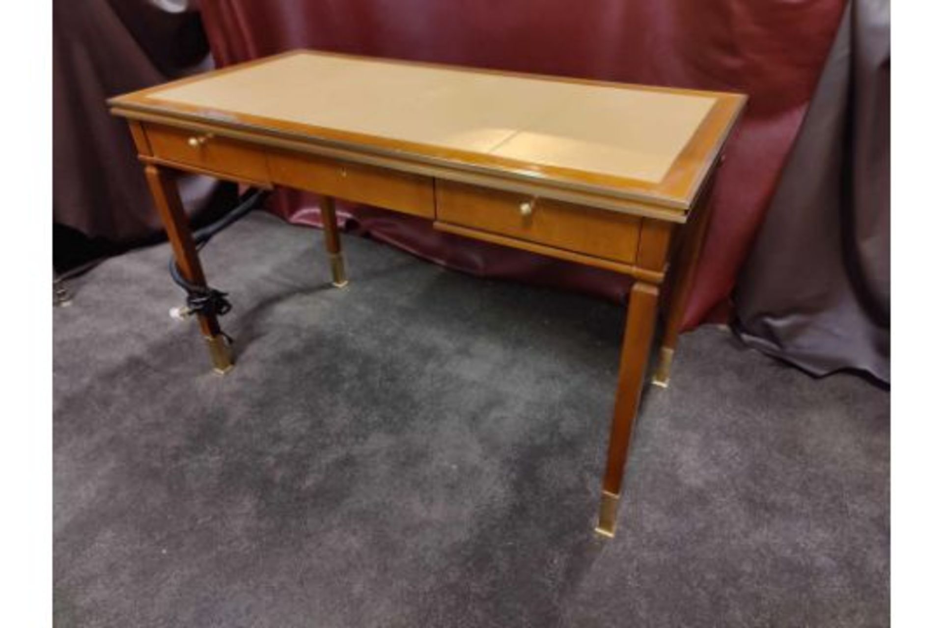 Writing Desk With Tooled Leather Inlay Faux Central Drawer Flanked By Single Drawer And Flap - Image 2 of 4