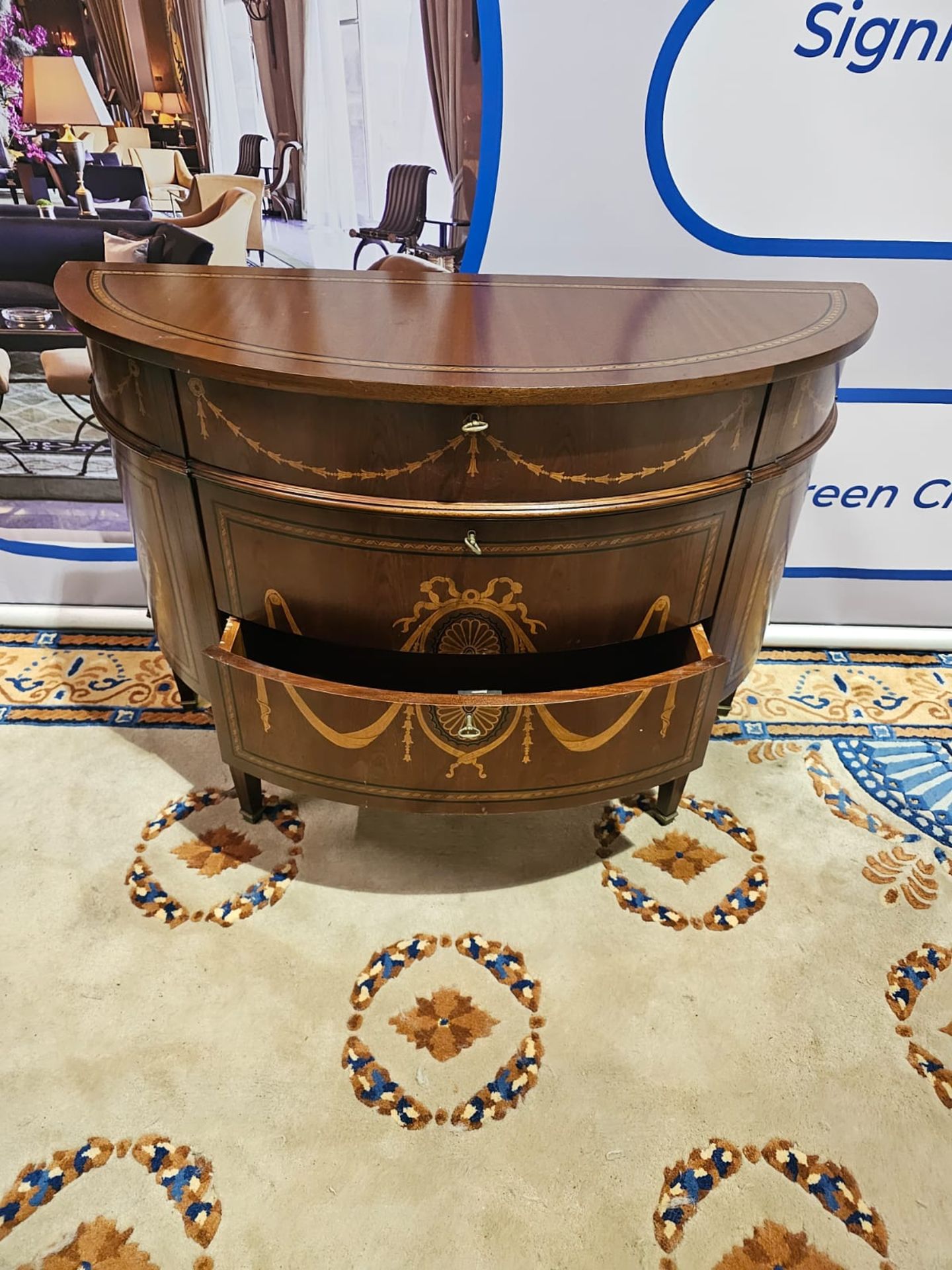 A George III Neoclassical Style Mahogany And Inlaid Demi-Lune Commode By Francesco Molon, Italy. The - Image 3 of 5