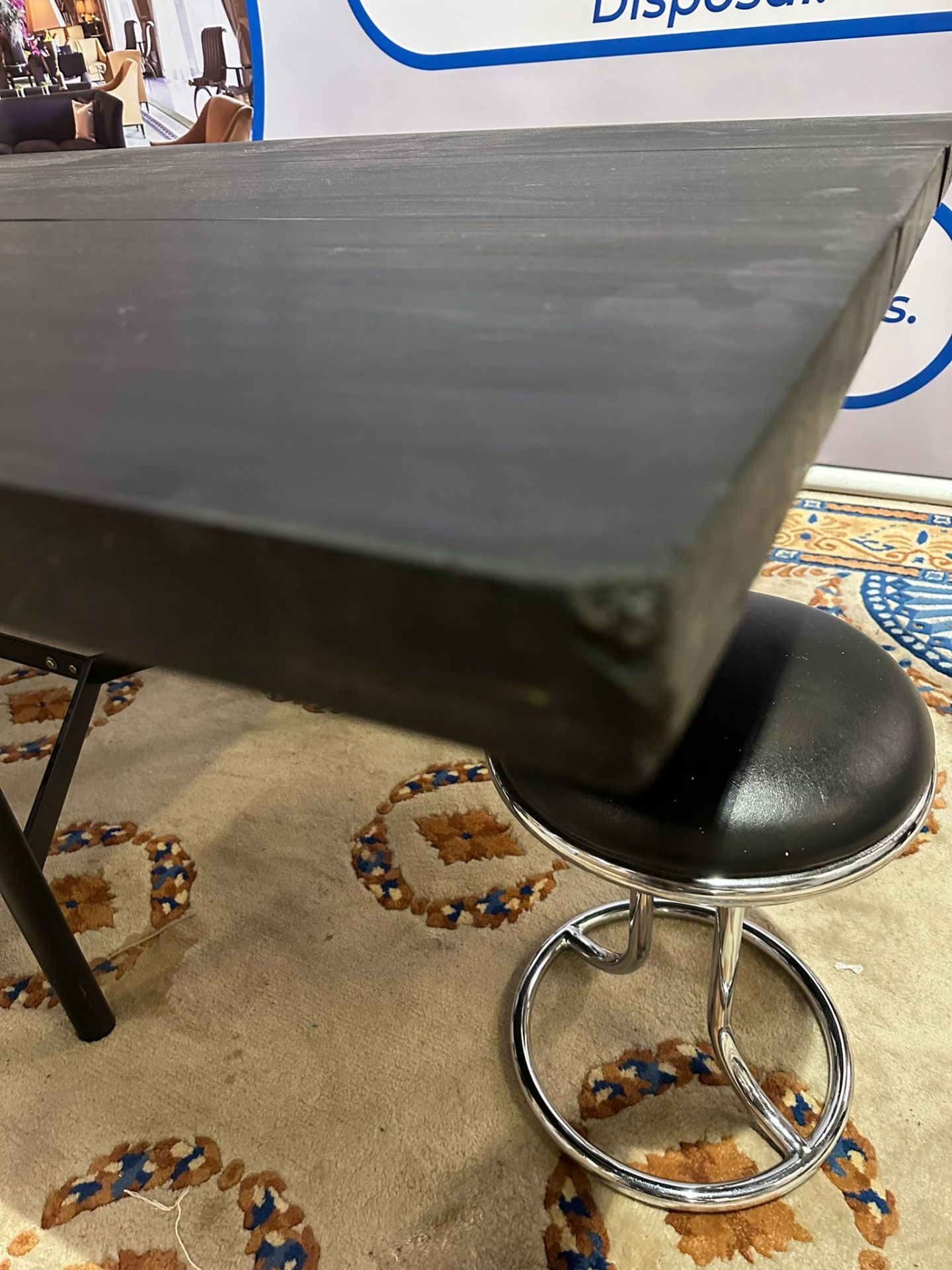 Black Oak Table On Black Metal Frame With 10 Chrome And Black Leather Stools 244x99x87cm - Bild 7 aus 8