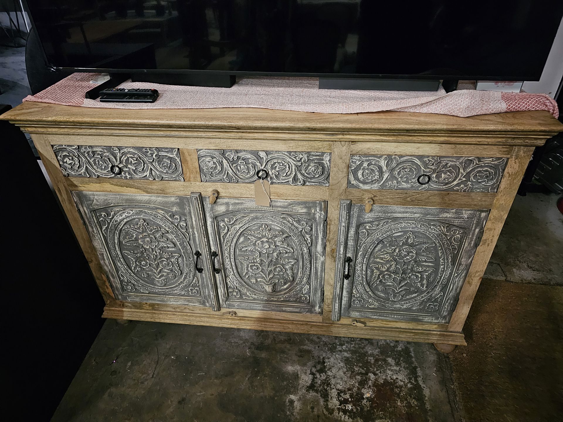 Mandala Sideboard Three Drawer Three Door Solid Reclaimed Wood Timeless Hand-Carving And Impressive - Image 4 of 6